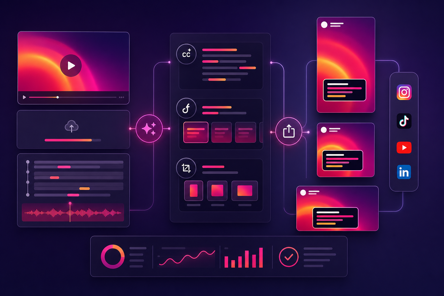 Zubtitle AI workflow product marketing asset showing upload, captions, resize, and social exports