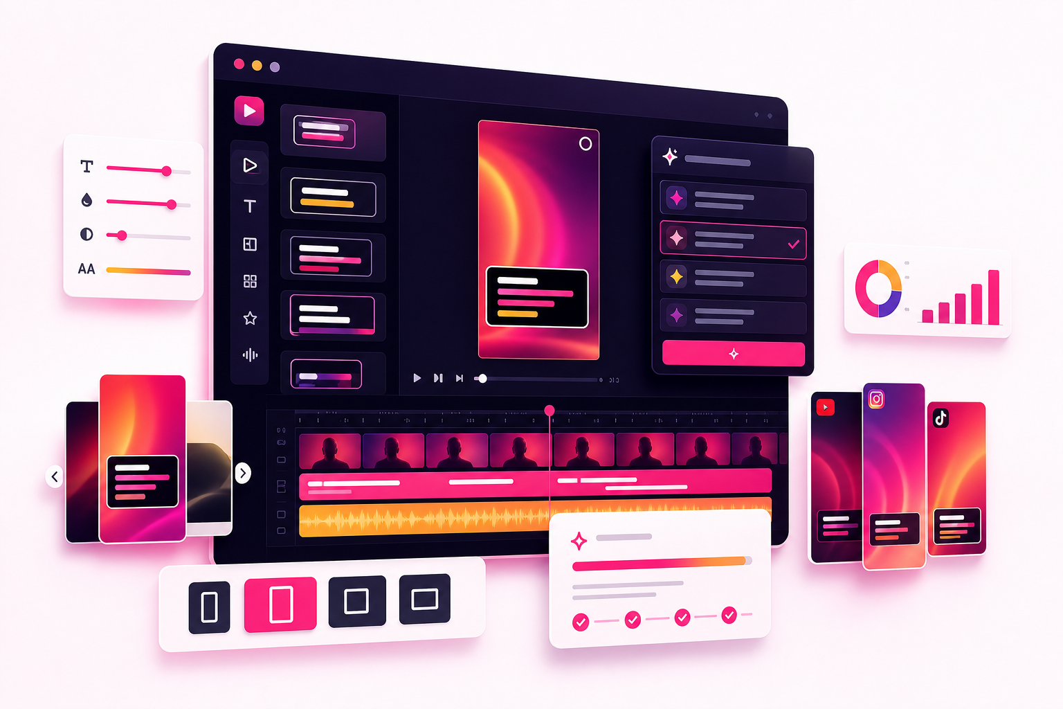 Zubtitle product preview showing captions, templates, aspect ratio controls, AI suggestions, and social video exports