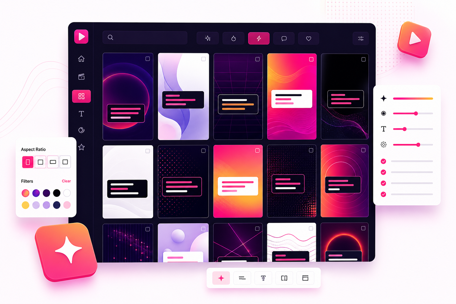 Zubtitle template gallery product marketing asset with social video style cards and filters